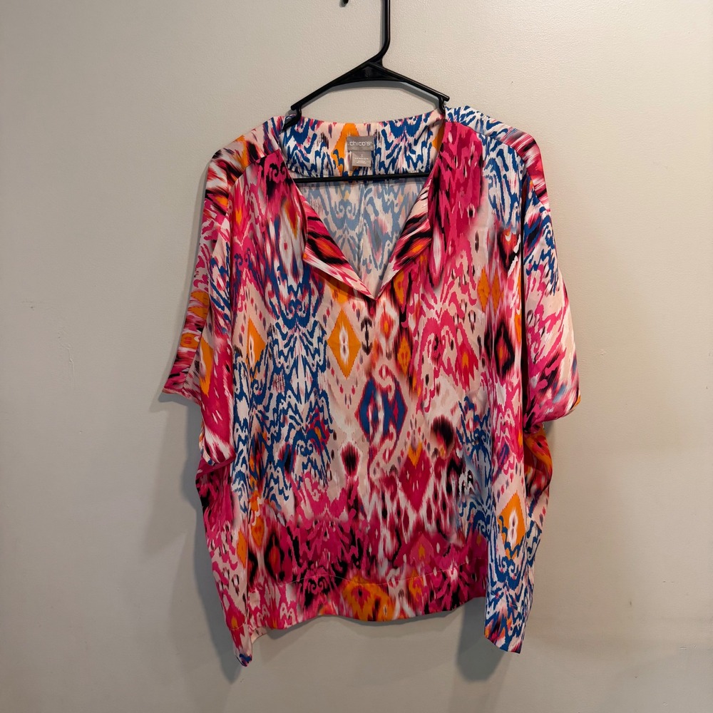 Chicos Pink Ikat Print V-Neck Kimono Blouse Size 3 XL Short Sleeve Polyester Top